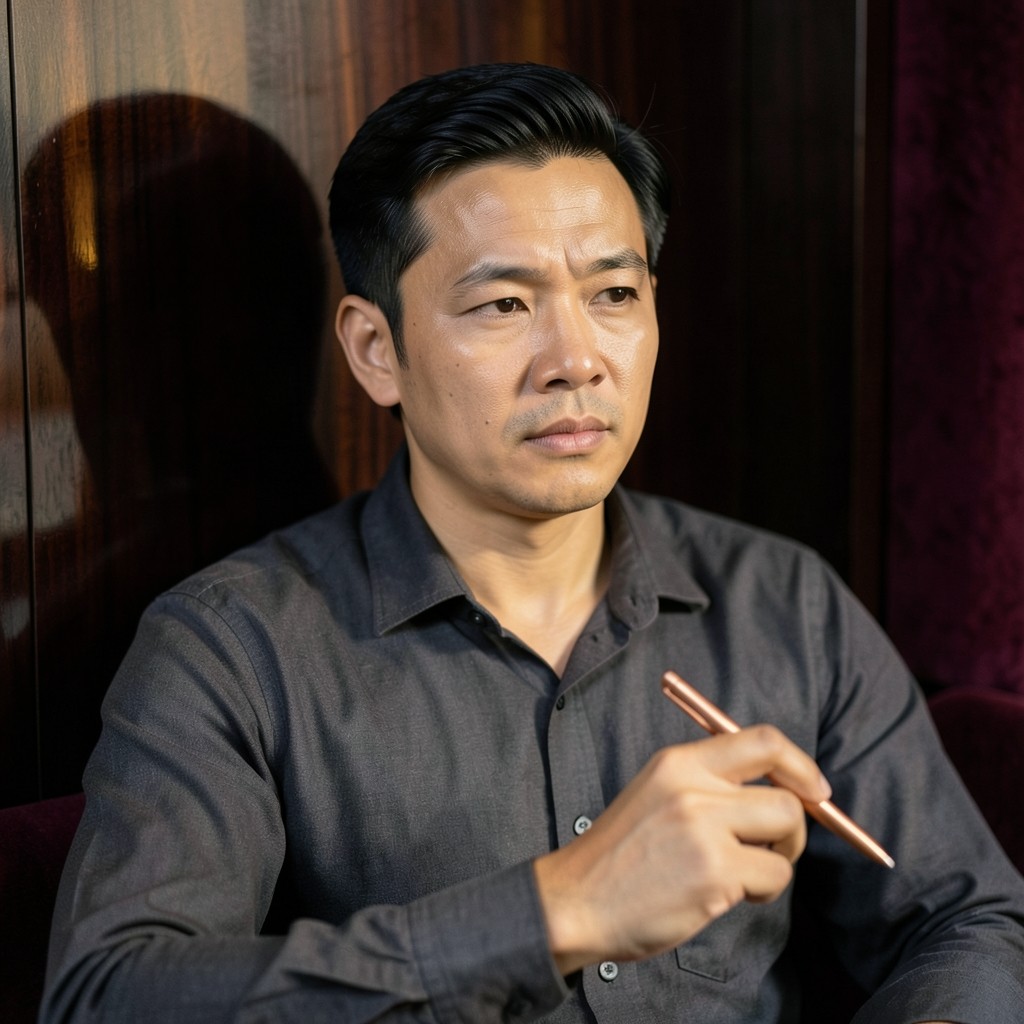 Portrait of Arthit Sombat holding a copper pen against dark wood