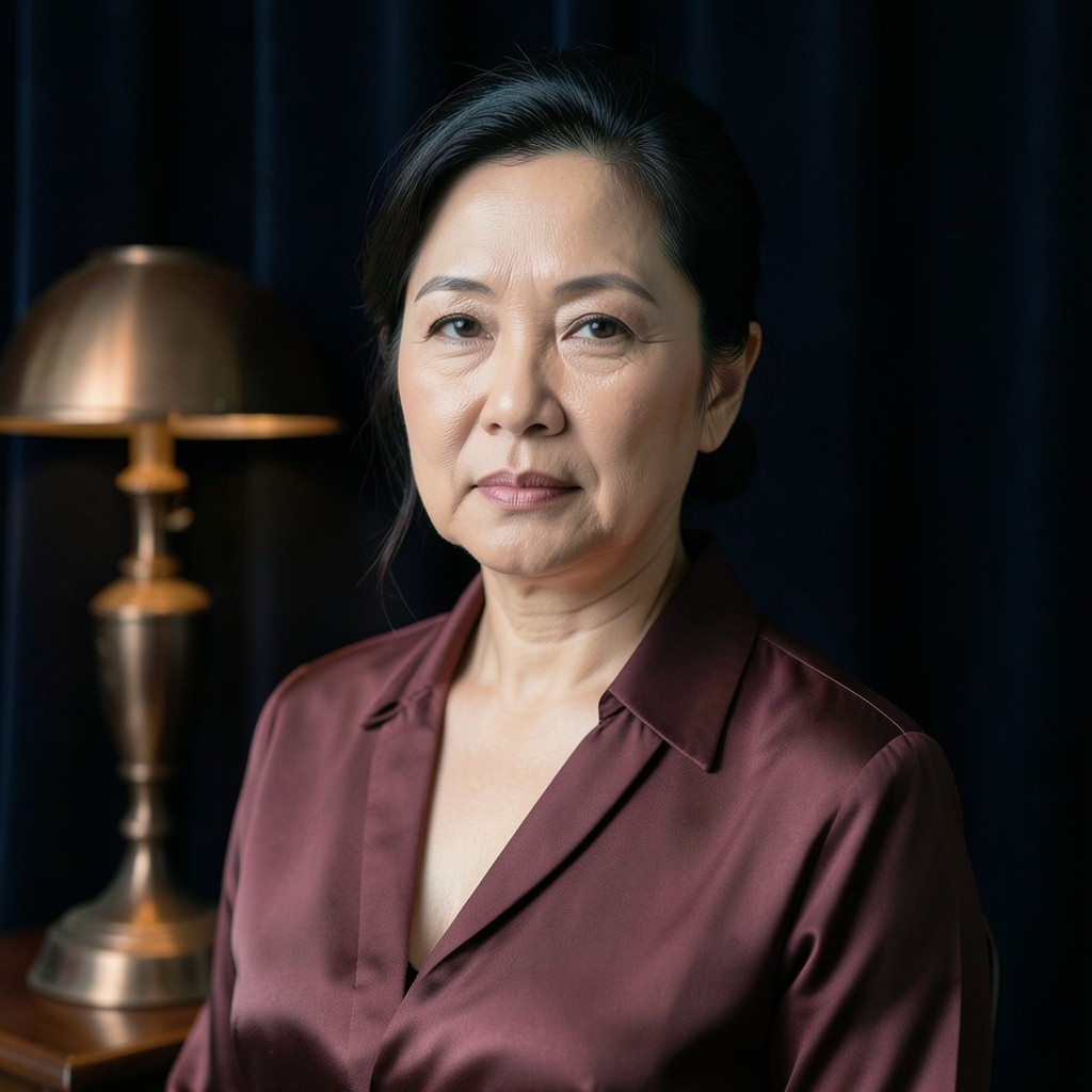 Portrait of Nalin Chaiyawan in a burgundy blouse beside a copper lamp