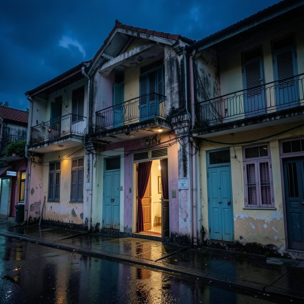 Evening view of a modest Bangkok shophouse with warm light and burgundy curtains inside