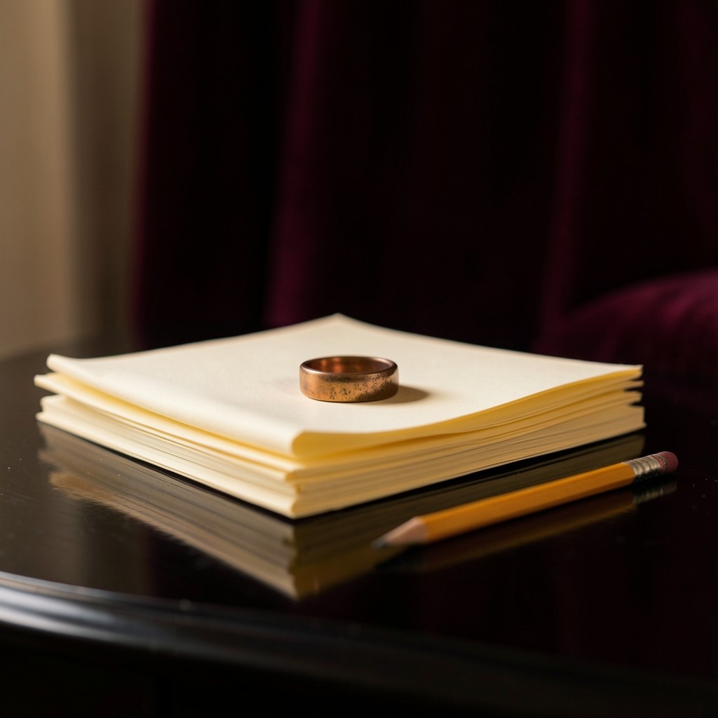 Ivory sheets and a copper calendar ring on a dark wood desk in low evening light