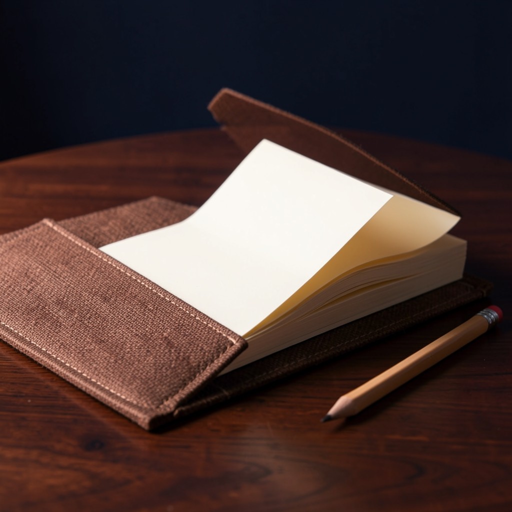 An open cloth-bound folder of blank ivory sheets on a dark table with a pencil beside it