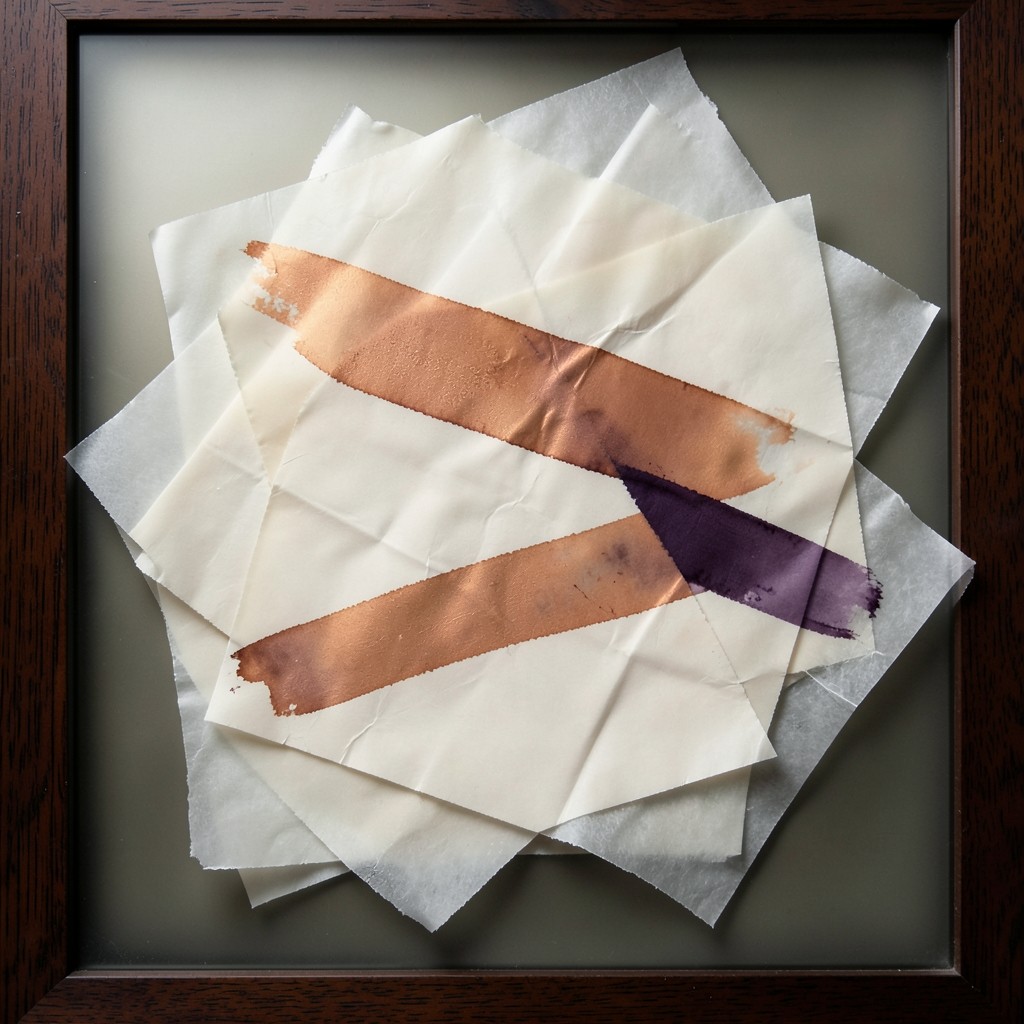 Several loose ivory sheets layered on smoked glass, each with a separate abstract ink band