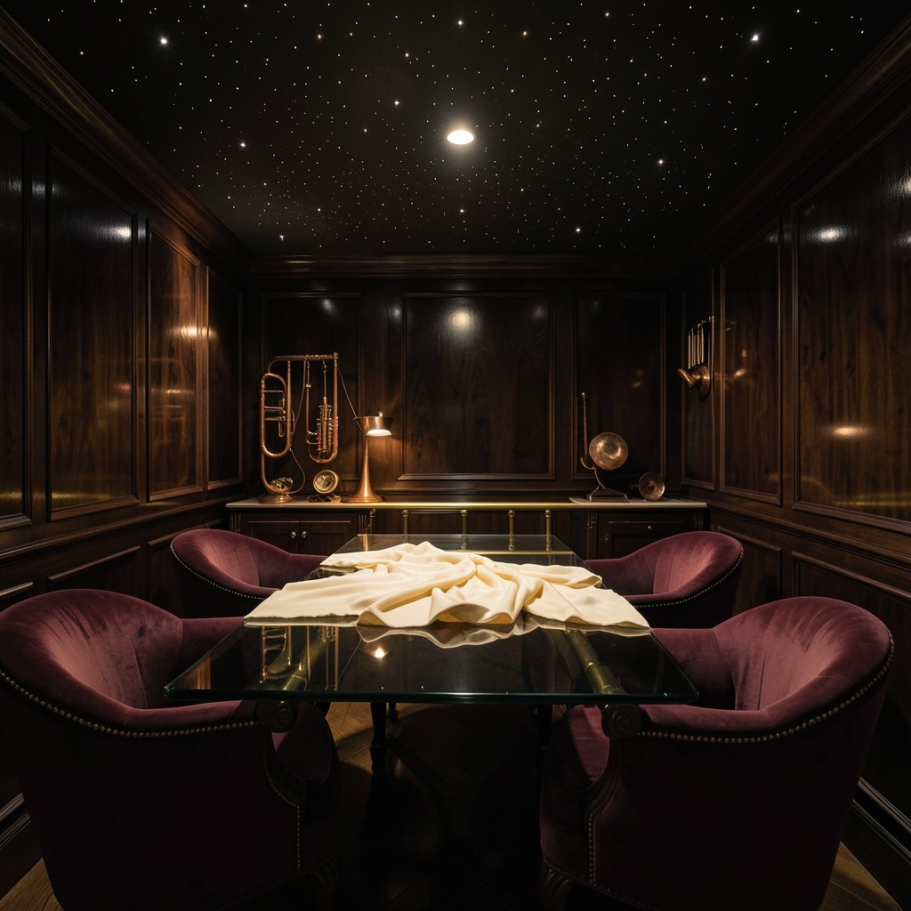 The chart room with a smoked-glass table, copper instruments, and ivory sheets