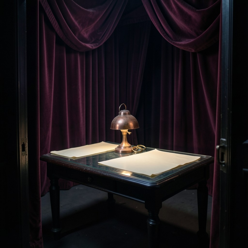 A dim chart room with burgundy velvet curtains, a lacquered table, and ivory sheets under warm copper light