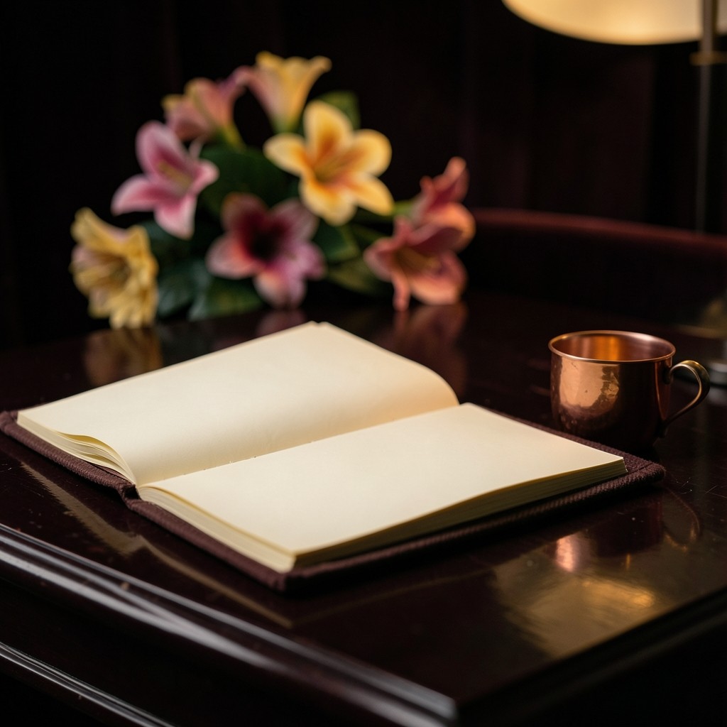 An open cloth folder on a dark table beside a copper cup, with soft flowers in the background