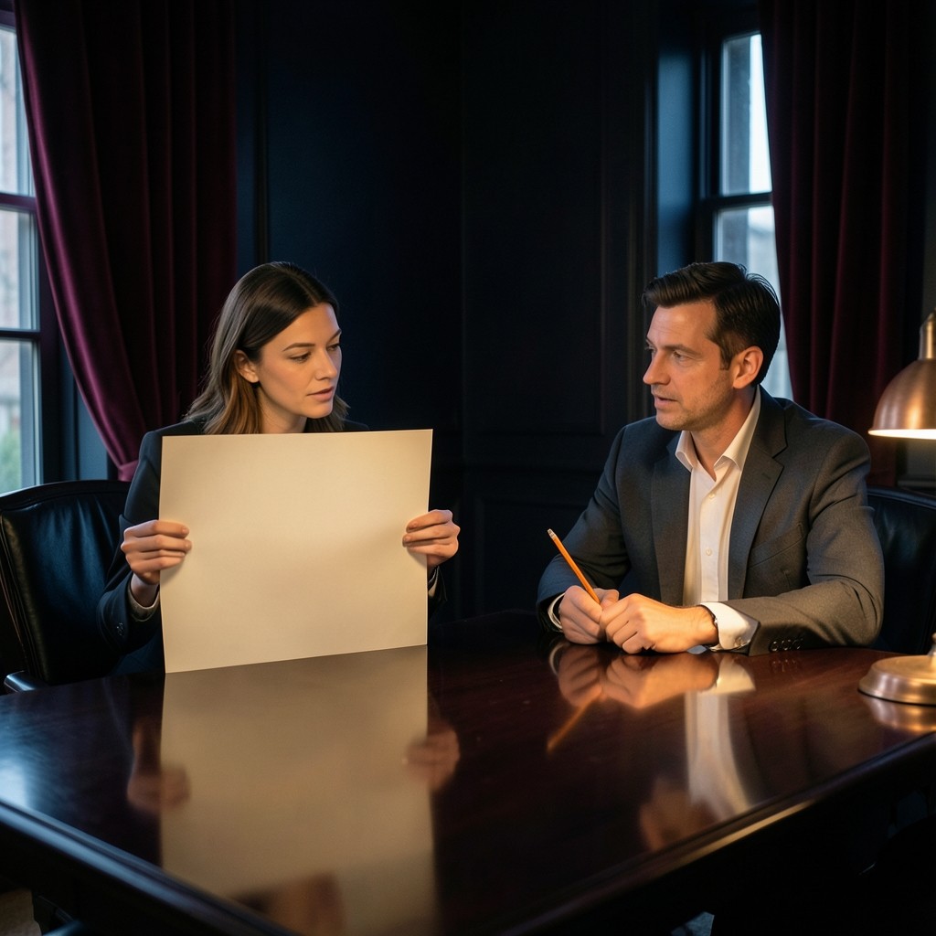 Two adults at a dark wood table reviewing a large ivory sheet marked with abstract ink curves