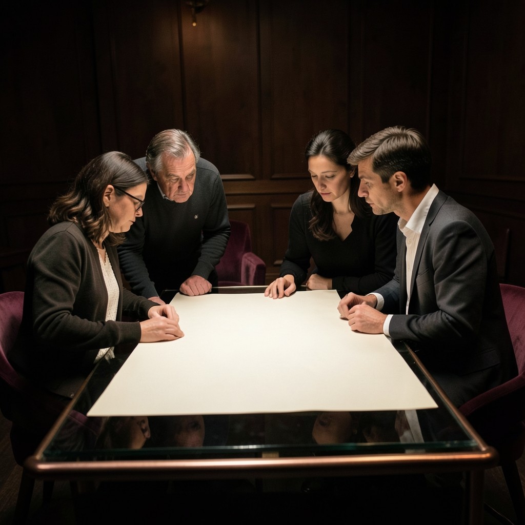 Four adults gathered around a smoked-glass table looking at large ivory sheets