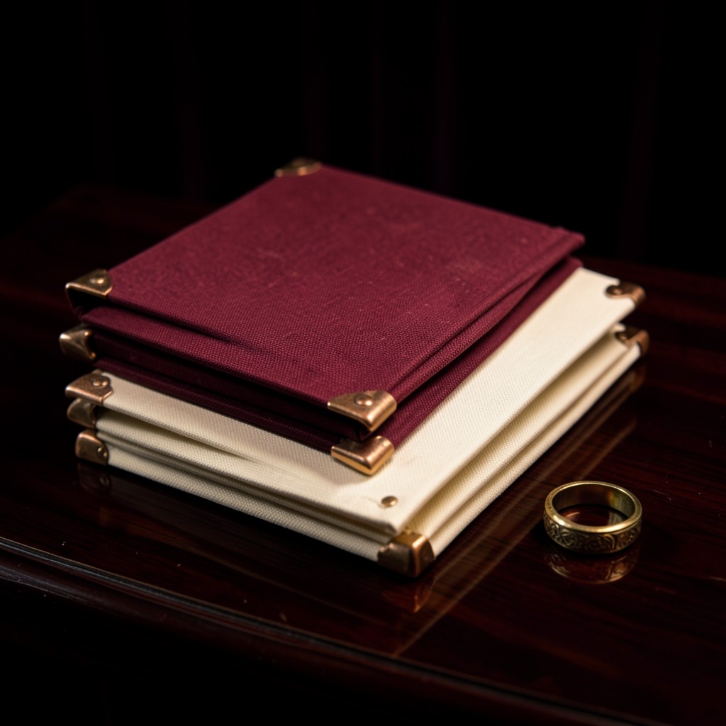 Four cloth-bound folders stacked on dark lacquered wood beside a small brass ring