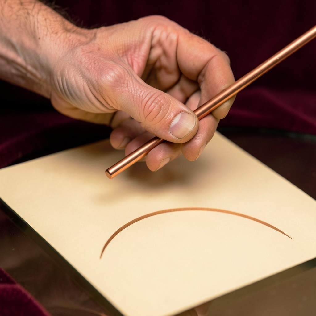 A hand holding a copper ruler over ivory paper with one abstract ink curve